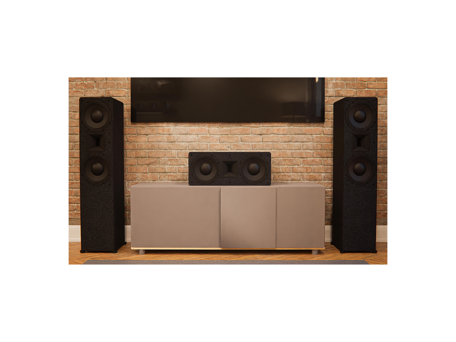 View depicting living room entertainment console featuring loudspeaker mt-110c and two mtm-210T