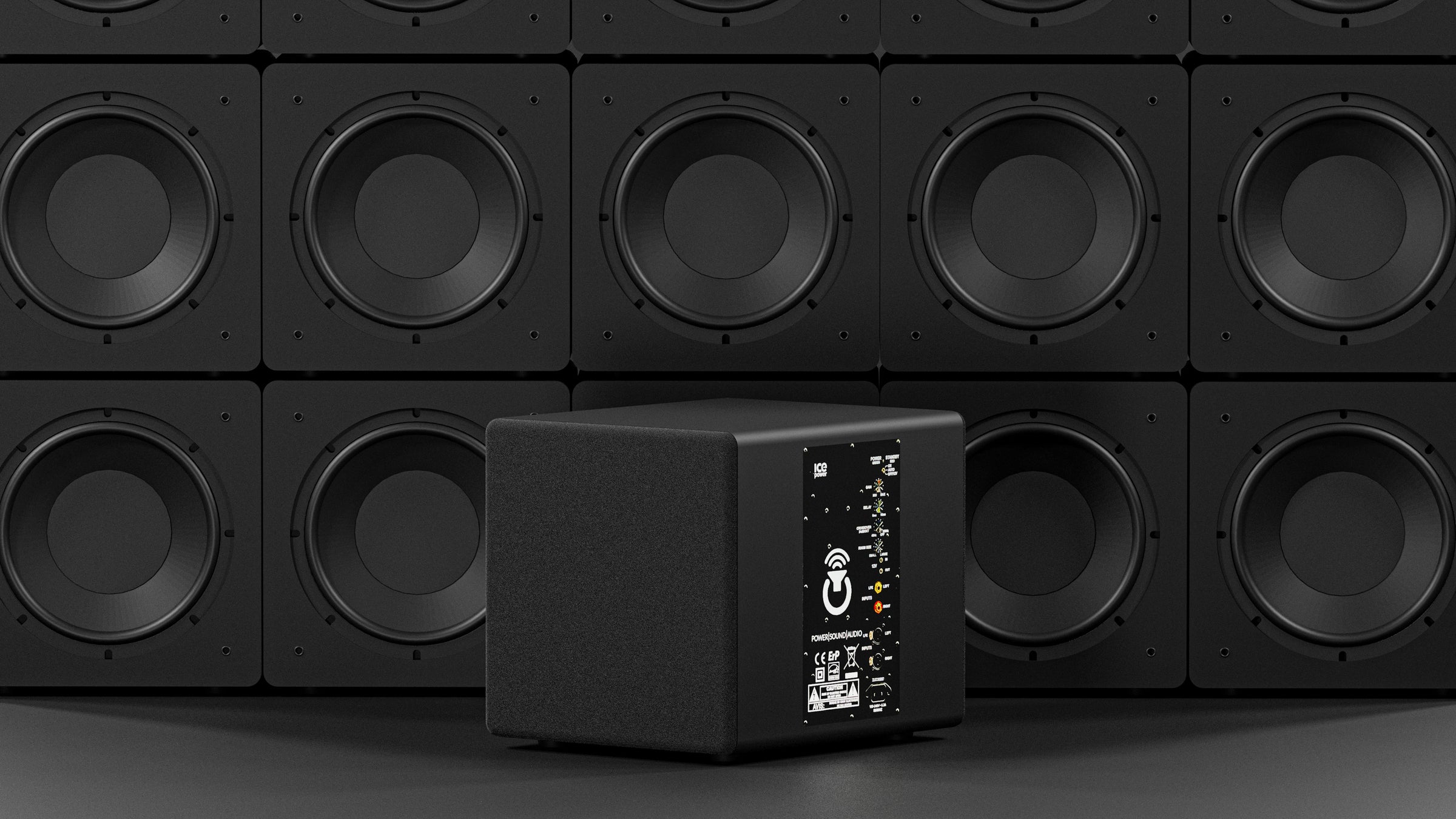 View depicting s24 subwoofer in front of a wall of s24 subwoofers