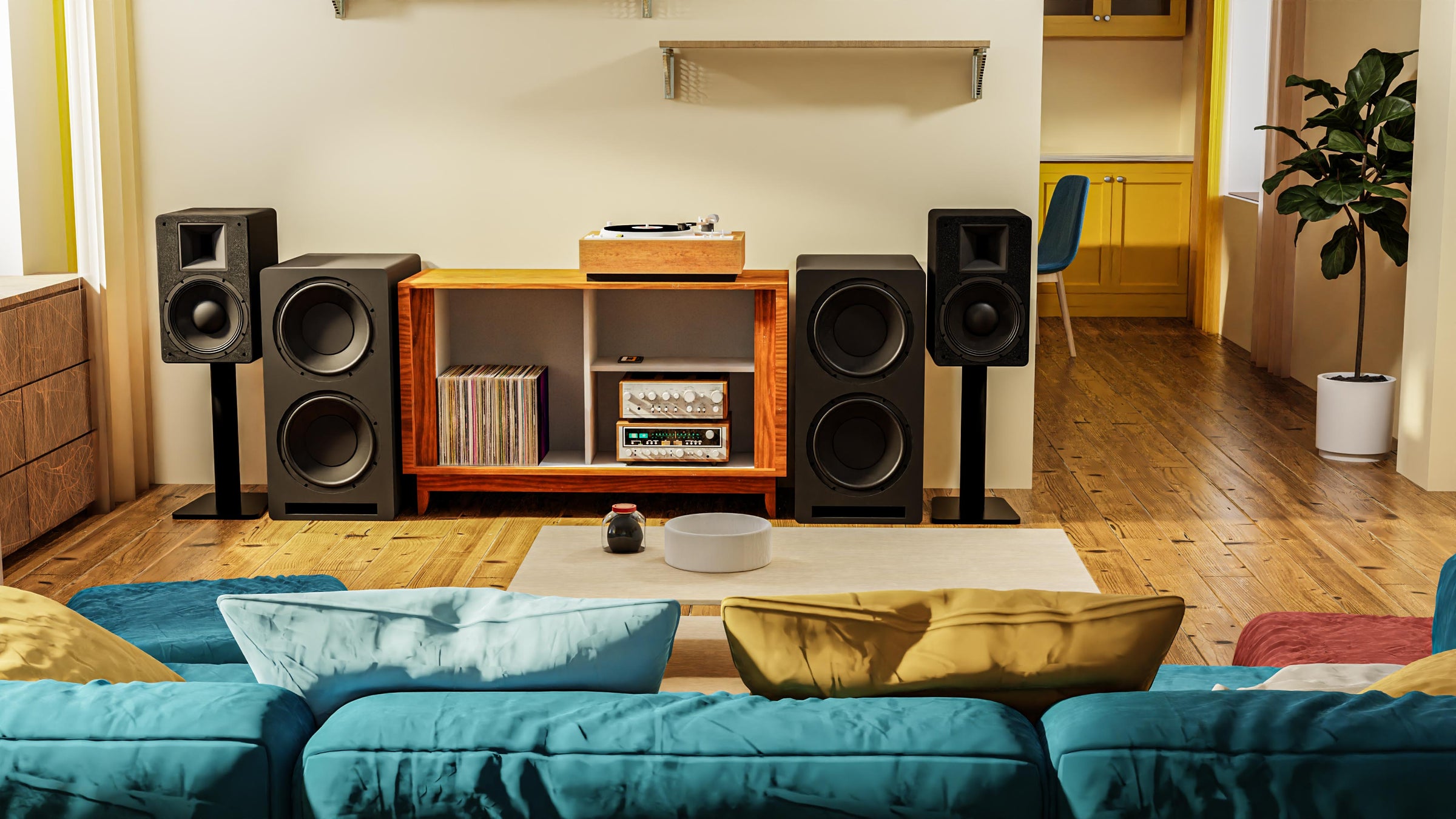 Living room audio setup featuring two tv2410m subwoofers and two mt-110 loudspeakers