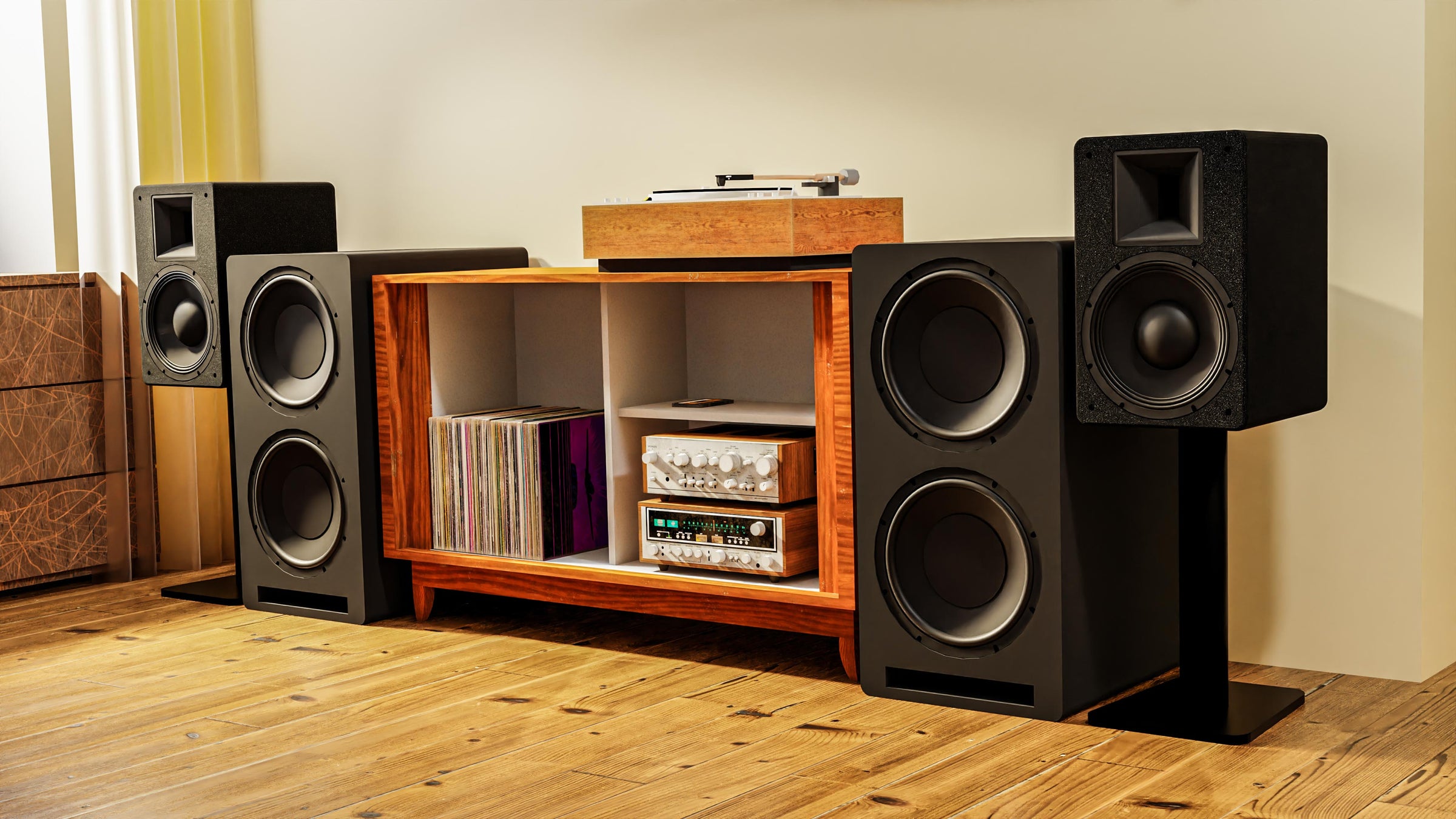 Living room audio setup featuring two tv2410m subwoofers and two mt-110 loudspeakers