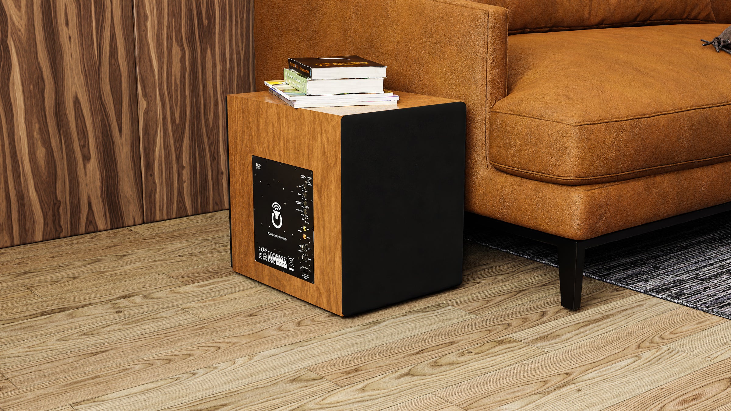 Living room scene depicting s3012 subwoofer in wood grain