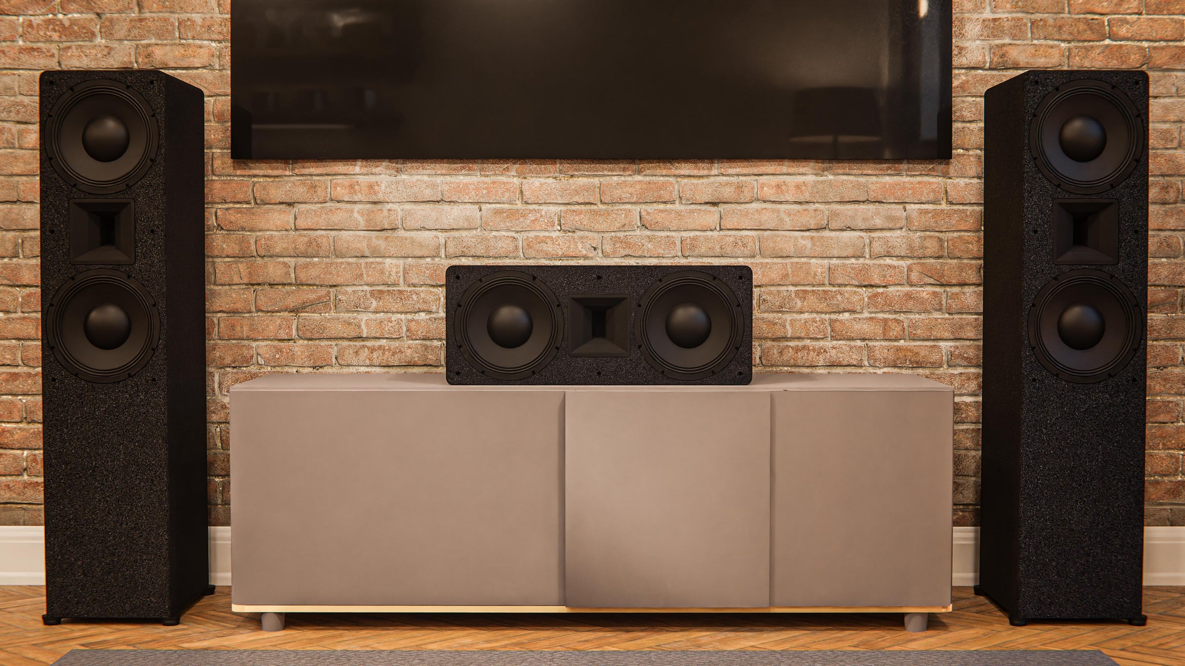 View depicting living room entertainment console featuring loudspeaker mt-110c and two mtm-210T