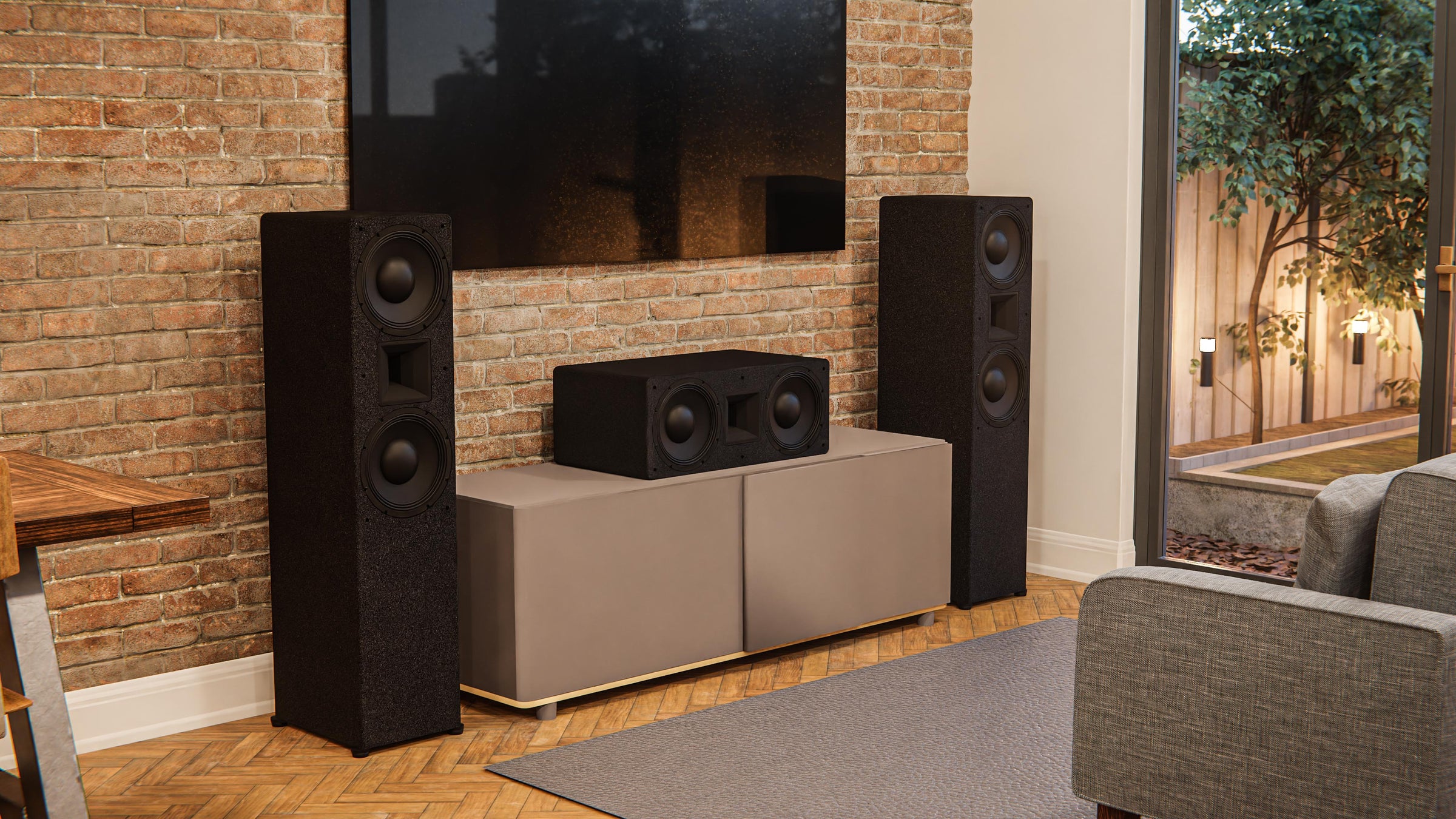 Room view depicting two mtm-210t loudspeakers and mt-110C